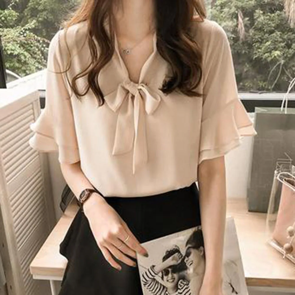 

Summer women's short-sleeved V-neck shirt bow chiffon shirt cover belly loose lotus leaf sleeve blouse