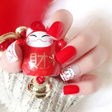 Маникюр готовой продукции невесты поддельные ногти красный Lucky Cat патч Маникюр 24 шт готовой продукции D188