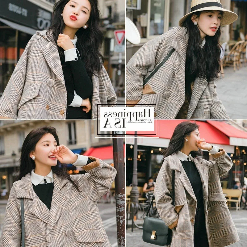 

2019 New Style Autumn And Winter Plaid Woolen Coat Women's Mid-length Korean-style Short-height College Style Popular Woolen Ove