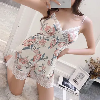 

2020 Summer Sexy Spaghetti Strap Silk Satin Lace Shorts Pajama Sets for Women Print Sleepwear Suit Homewear Pijama Mujer Clothes