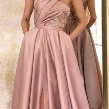 Длинное сатиновое платье на одно плечо для выпускного вечера с карманами, с высоким разрезом, со шнуровкой на спине, вечерние бальные платья, Robe De Soiree