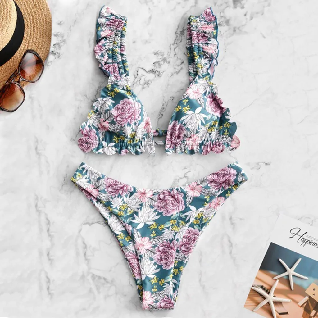  Women Flower Print High Cut V Neck Two Pieces Bikini Swimwear Swimsuit Beachwear stroje k pielowe d