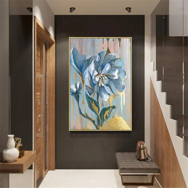Wall Art Холст Картина абстрактный Золотой картина с синими цветами холст настенные