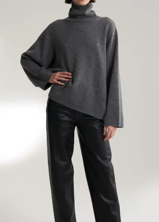 Women Sweater Grey Black Knit Melange Turtleneck Long Sleeved Large WOOL Sweaters Uneven Hem Oversized Jersey - Цвет: Темно-серый