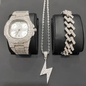 

Luxury men's hip-hop jewelry watch & Bracelet & Necklace combination set watch lightning pendant mixed square zircon Pendant
