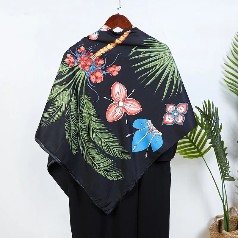 

YILIAN Brand 2020 Spring Palm Tree Butterfly Print Scarf Soft Silk Square Sun Protection Beach Scarf Twill Shawl 130x130cm