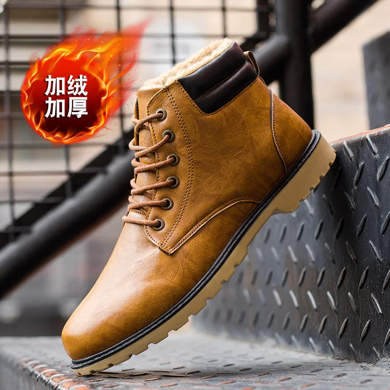 

2019 New Style Leather Boot Martin Boots Men's Warm Cotton-padded Shoes with Velvet Men's Hight-top Combat Boots MEN'S Casual Sh