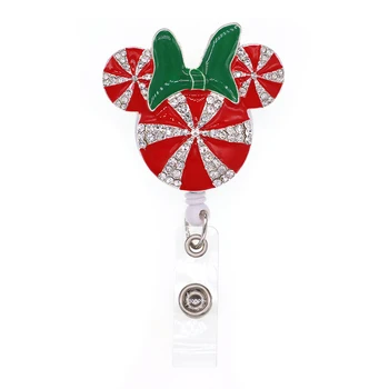 

10pcs/lot Christmas rhinestone enamel red with green bow mouse Retractable ID Badge Holder reel for gift