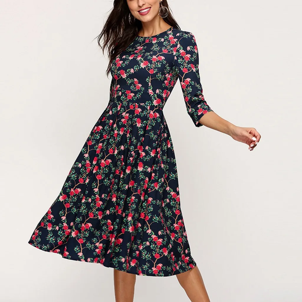 Женское платье Vestidos модное богемное платье Feitong с рукавом 3/4 О-образным вырезом винтажные Цветочные Печатные Элегантные платья длиной до колена платье для женщин
