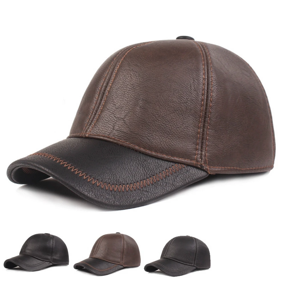 

Man Peaked Cap Ear Hats PU Material Solid Color for Winter Keep Warm Outdoor Travel High Quality