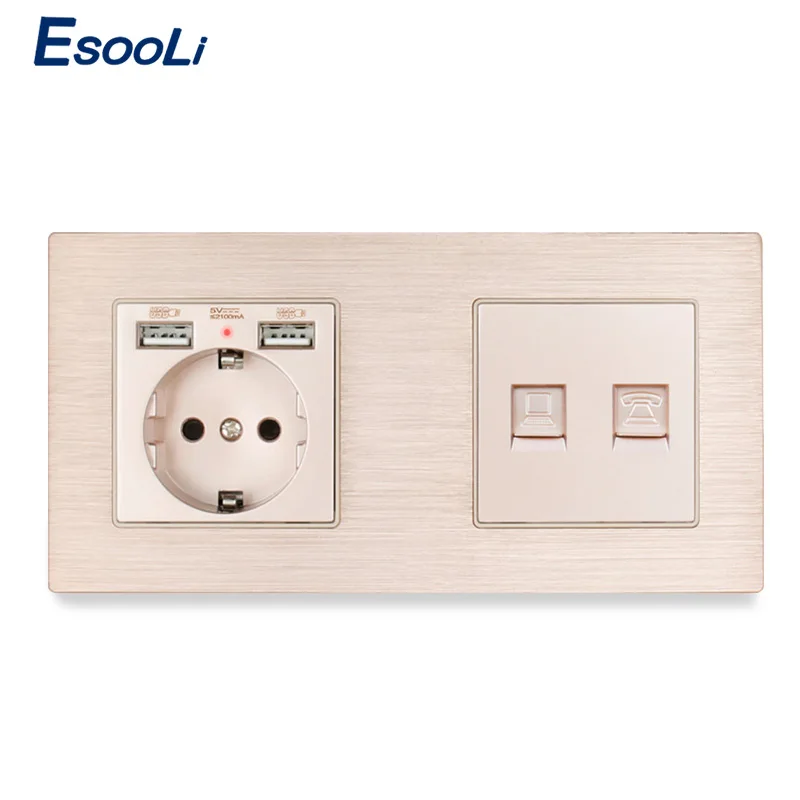 Esooli алюминиевая панель ЕС розетка с 2 USB+ RJ11 телефонный разъем с RJ45 данных компьютер Интернет-разъем розетки