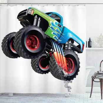 

Cars Shower Curtain, Cartoon Monster Truck Cool Vehicle Modified to The Perfection Colorful Design, Cloth Fabric Bathroom Decor