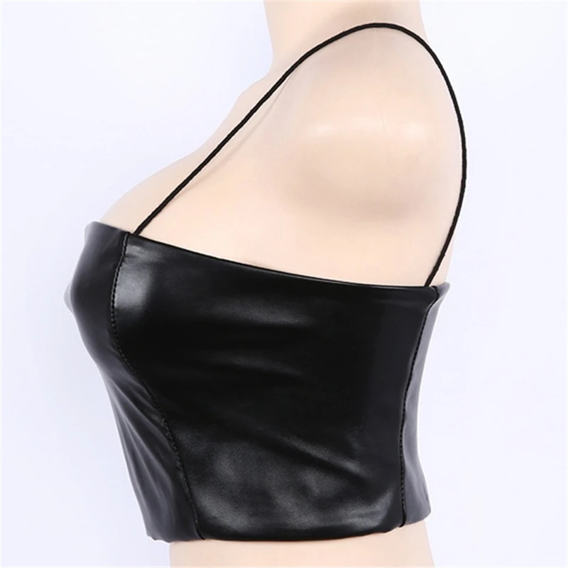 Summer Black Sexy PU Leather Women Crop Tops Sexy Women Sleeveless Bodycon Tank Top NightClub Sexy party Camisole Crop Tops