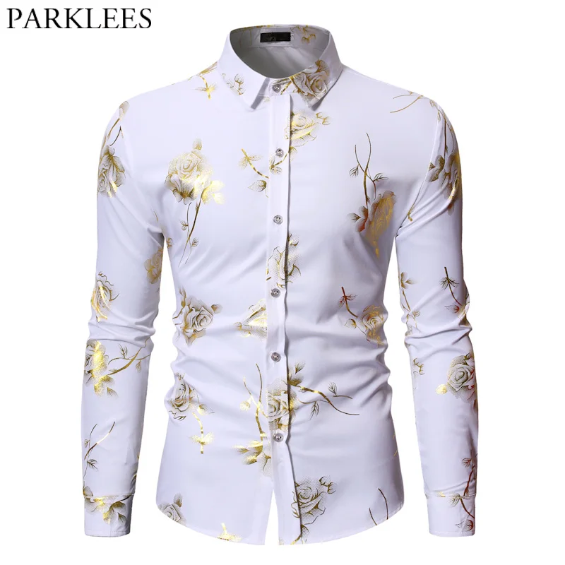 Mens Gold Rose Floral Print Shirts Brand Floral Steampunk Chemise White ...