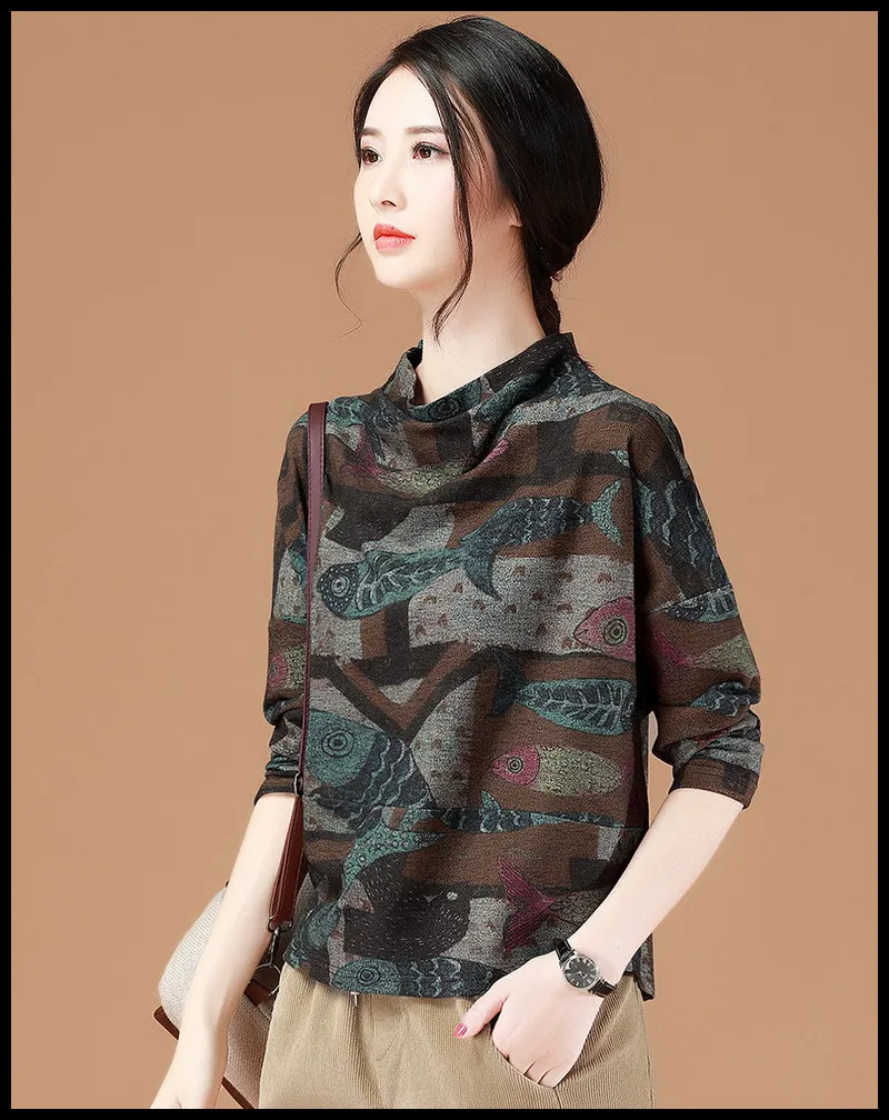 High-grade new women's retro pattern design casual all-match comfortable soft breathable fashion no-iron noble fish pullover High-grade new women's retro pattern design casual all-match comfortable soft breathable fashion no-iron noble fish pullover