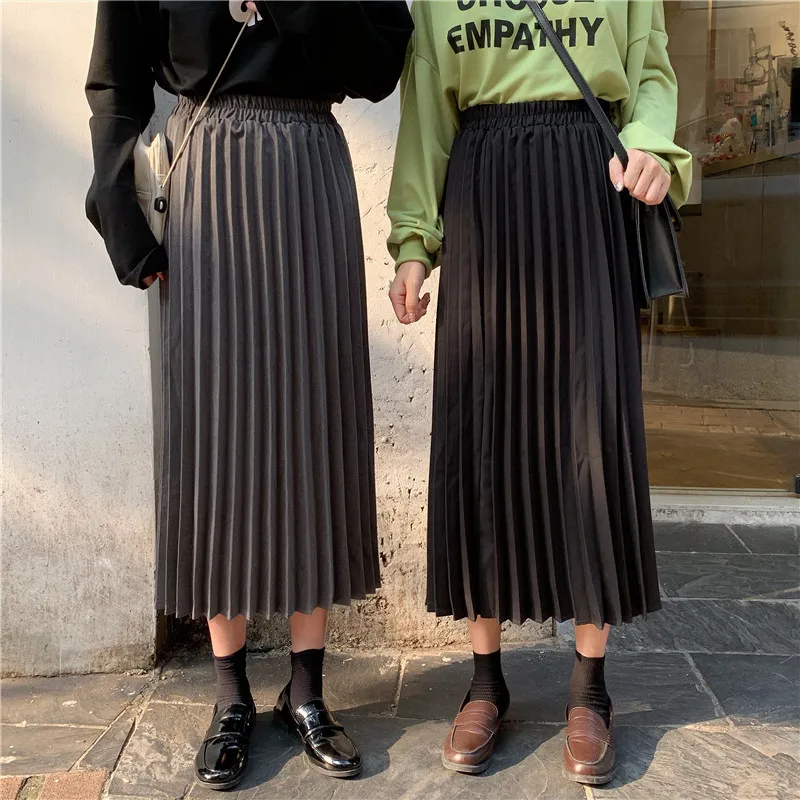 Harajuku длинные юбки женские Осень Зима Высокая талия плиссированная юбка Уличная Одежда большого размера серый черный миди юбка куртка femme