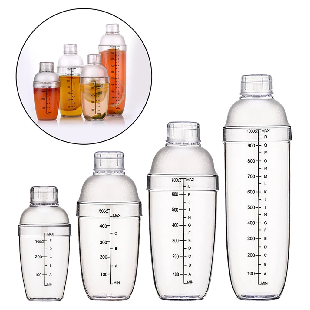 Cocktail Shaker Bar Tool 4 Sizes - Martini Shaker - Professional Plastic Acrylic Clear Bar Tool, 10 oz, 18 Oz, 25 oz, 35oz
