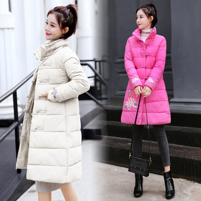 

2019 Winter New Style Retro Chinese-style Embroidered Mid-length Cotton-padded Clothes Fashion WOMEN'S Dress Versatile Slimming