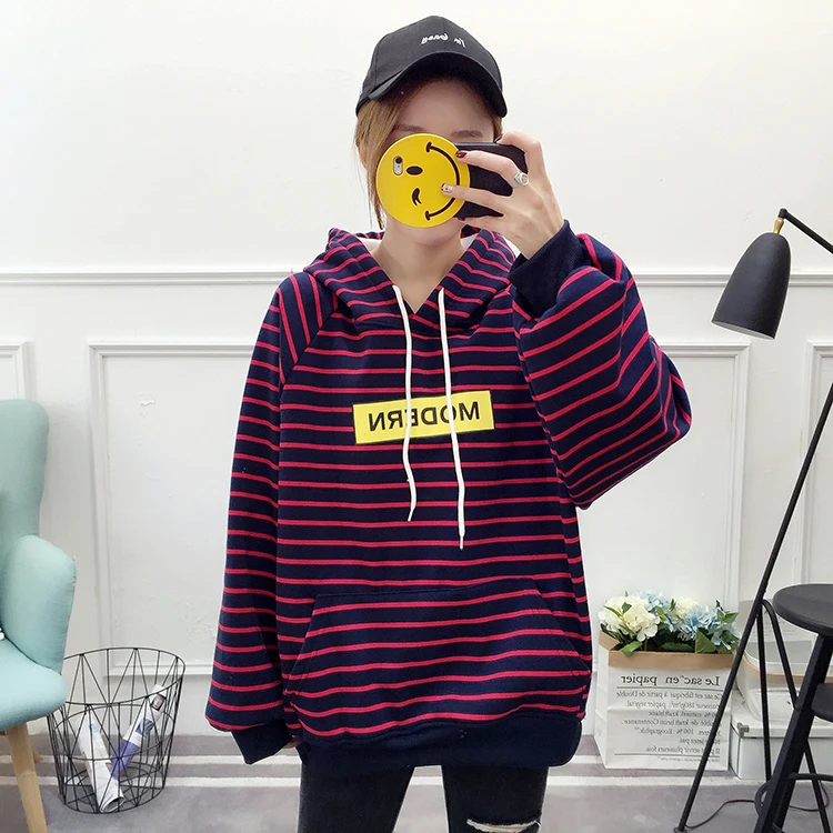 HAYBLST бренд женские толстовки осень зима мода полосатый пэчворк Kawaii Свободные топы Плюс Размер korean Корейская утепленная одежда