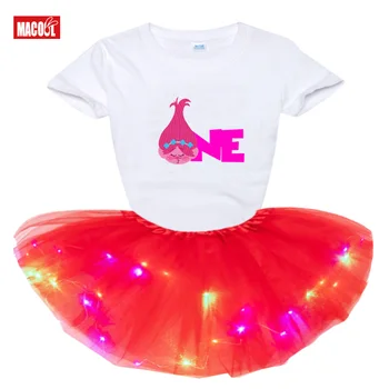

Summer Kids Baby Girl Clothes Sets Skirt Clothes 2PCS Trolls Princess Poppy Party Tutu Dress Light LED Children Clothing Toddler