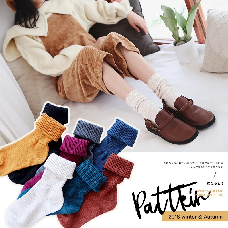 

2019 Autumn Winter Thickene Women Harajuku Socks Lady Solid Color Warm Tube Socks Vertical Strip 100% Cotton Long Girl Socks