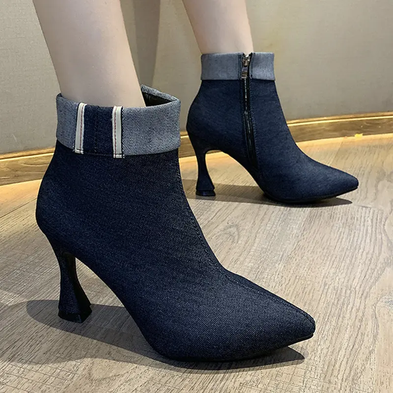 

Nice New Women Ankle Boots Western Spring Autumn Elegant Flock Shoes Woman Pointed Toes Thin High Heels Sexy Ladies Dress Boot
