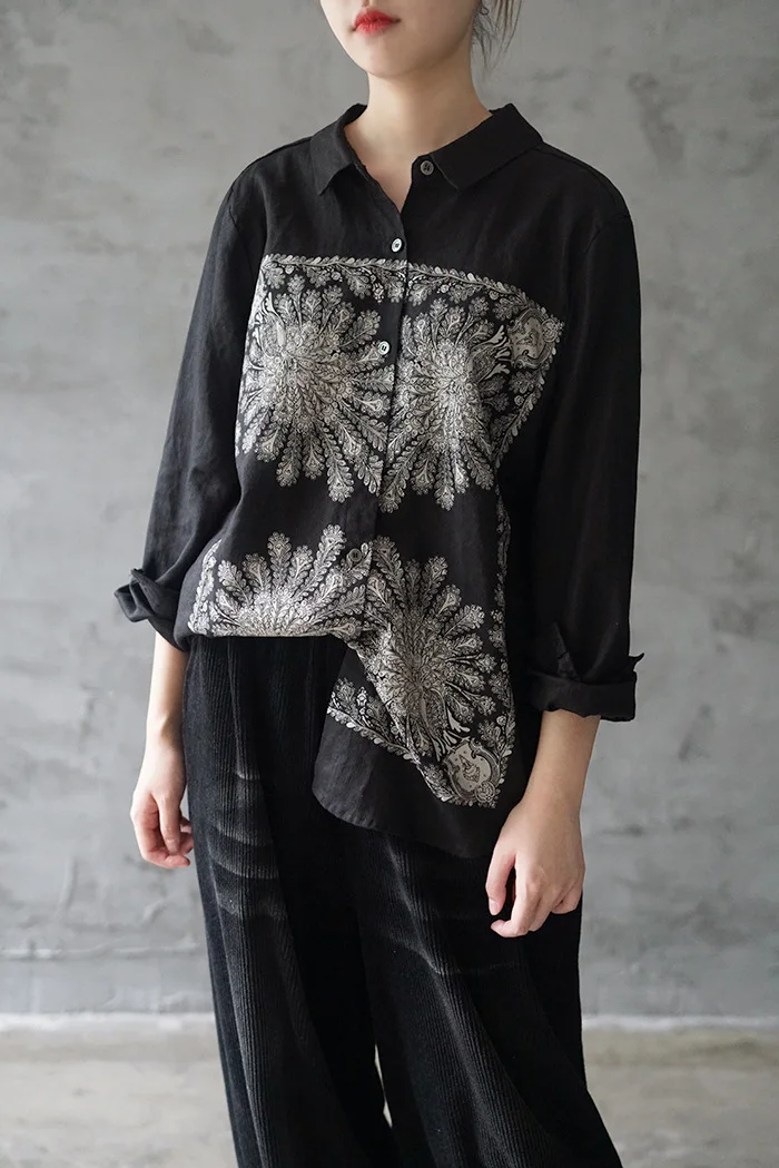 Черный топ, новинка, модная Ретро хлопковая льняная рубашка с отложным воротником и цветочным принтом, осенняя свободная Удобная универсальная женская блузка