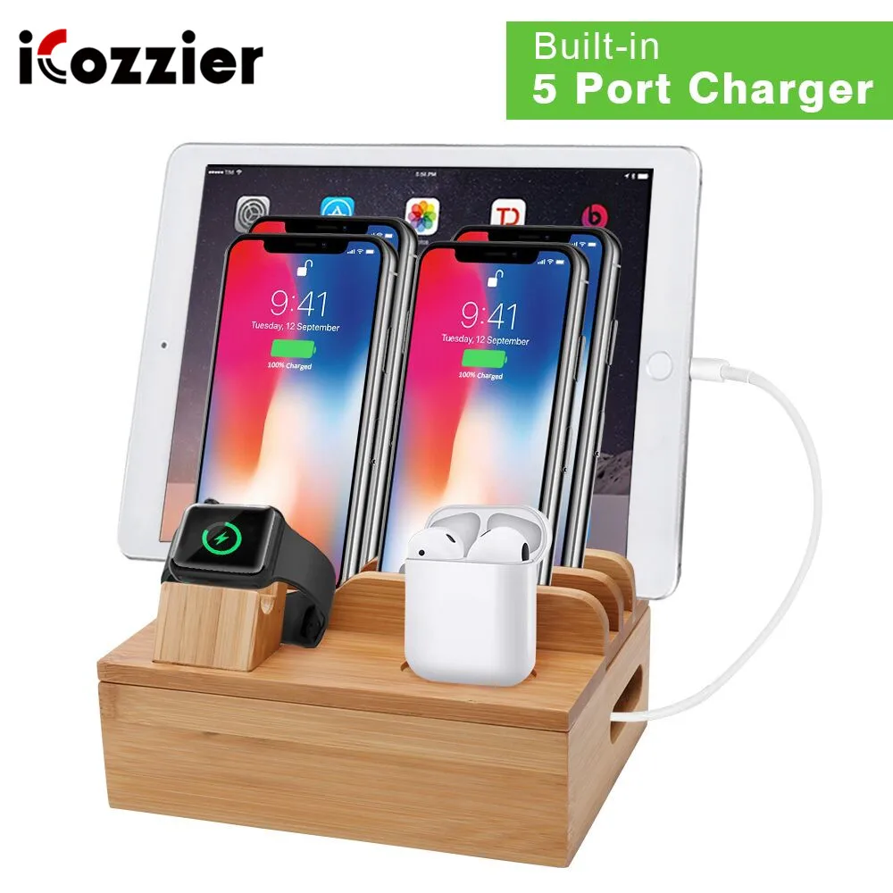 

iCozzier Bamboo Removable 5-Port USB Charging Dock Station Built-in Charger Multiple Device Stand for i Watch,AirPods,Cellphones