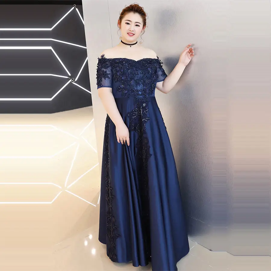 Вечернее платье с открытыми плечами Robe De Soiree T523 размера плюс темно-синие женские вечерние платья с бисером элегантное платье с вырезом лодочкой для выпускного вечера