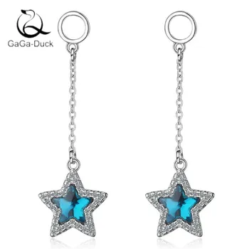

New Fashion Jewelry Personality 925 Sterling Silver Long Blue Stars Five-pointed Super Fairy Girl Crystal Dangle Earrings E666