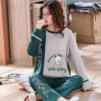 

95%Cotton 2 Piece Women Pajamas Set Cartoon Printed Letter Homewear Female Long Sleeve Tops Long Pants Autumn Casual Pyjama Sets