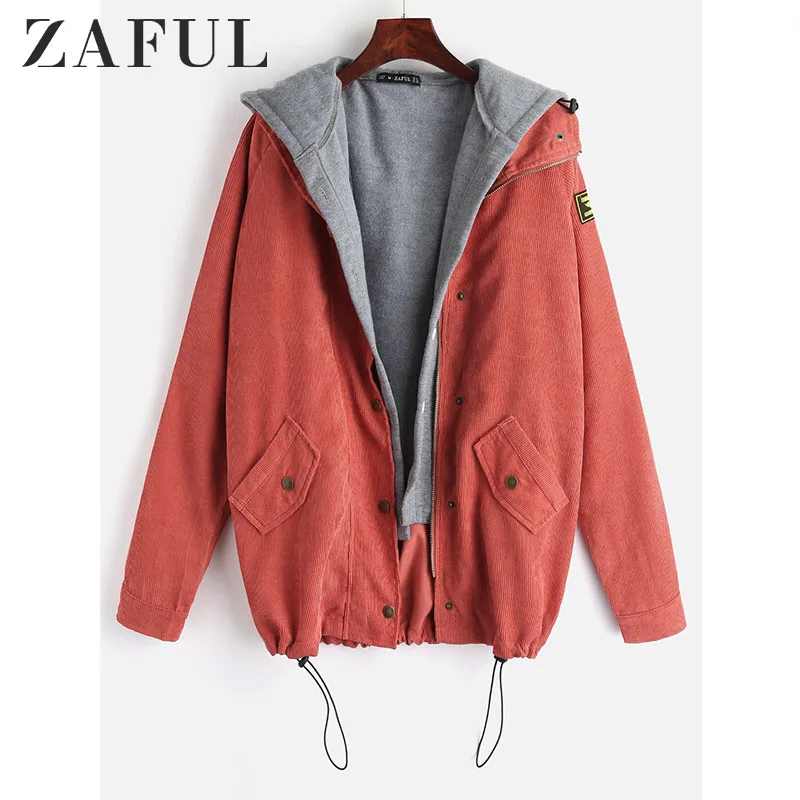 ZAFUL Вельветовая куртка Twinset пальто женское с капюшоном длинным рукавом буквенным