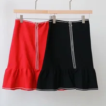 Женская трикотажная трапециевидная юбка-Русалка черного и красного цвета на молнии с высокой талией, пикантная Милая Мини-юбка-труба, весенняя, осенняя, зимняя одежда