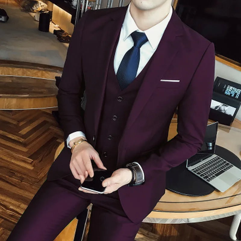 Three Pieces Business Party Best Men Suits Peaked Lapel One Button Made Wedding Groom Tuxedos ( Jacket+Pants+Vest)
