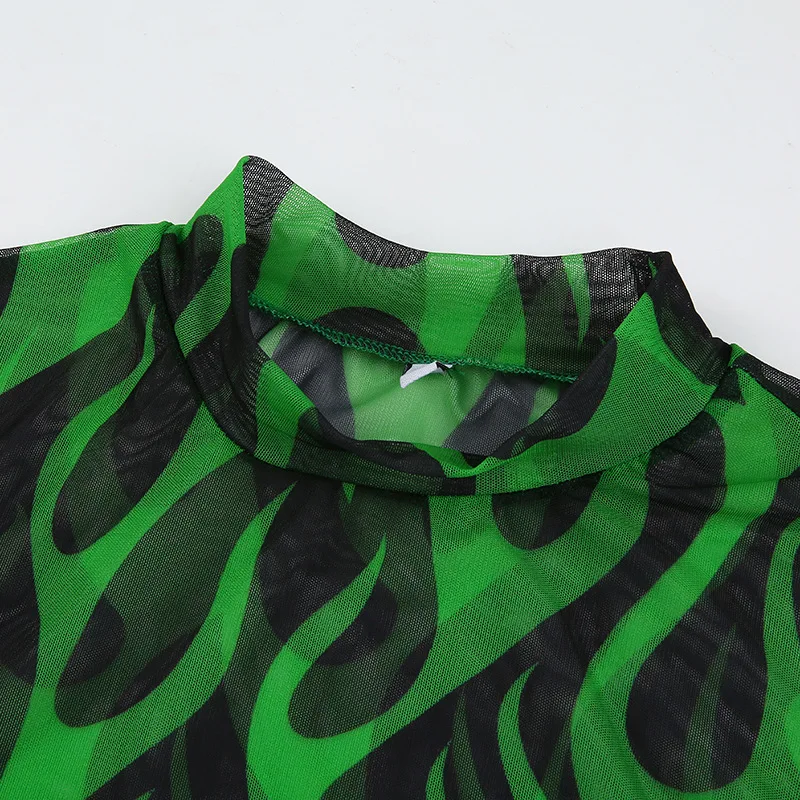 Tie Dye граффити контрастный принт прозрачные стрейч сетка водолазка бодикон боди Готический сексуальный комбинезон тройник комбинезон
