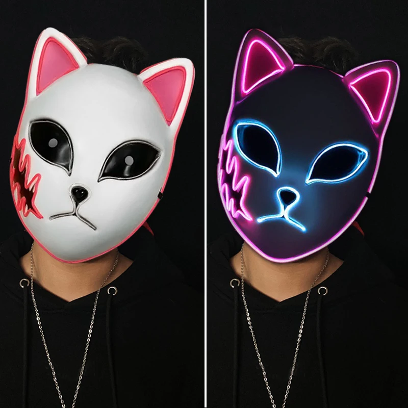 LED Halloween Glowing Mask Cat Face Demon Slayer Cold Light Fox Cosplay Props Decoration Supplies | Дом и сад