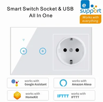 

New Ewelink 2 In 1 Wall Smart Switch Socket Tempered Glass Touching Button Wall Smart Light Controlling Panel