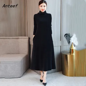 

long sleeve plus size velvet vintage women casual loose autumn winter elegant party dress women clothes 2020 ladies dresses