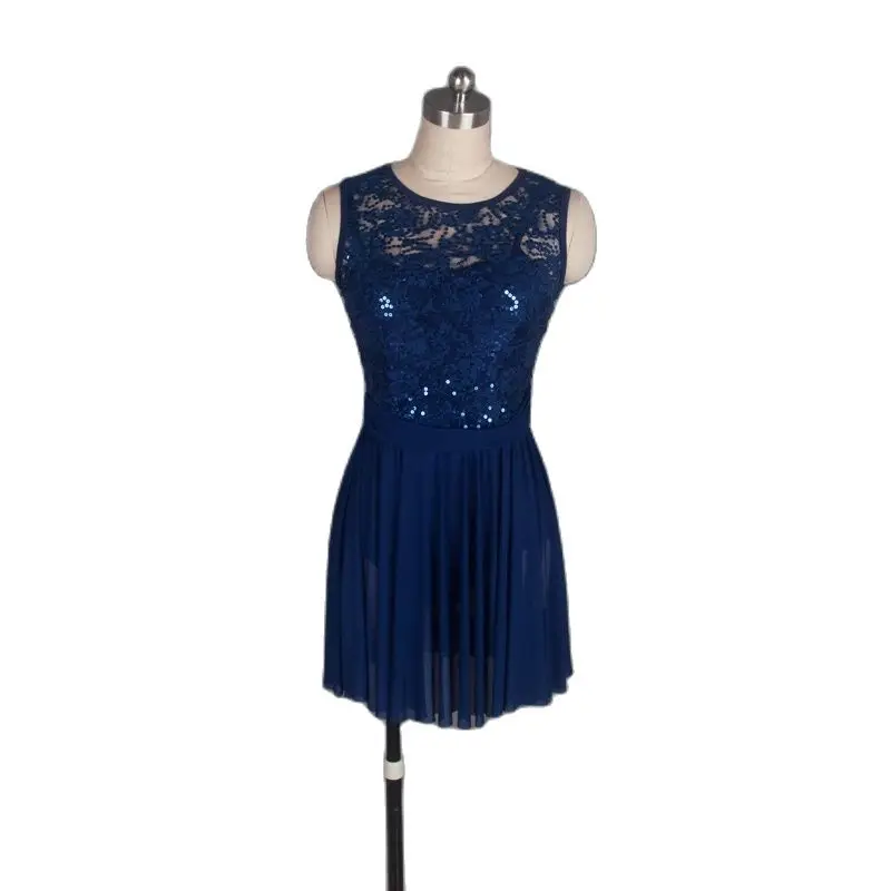 

Navy Blue Leotard with Sequin Lace and Mesh Dress for Ballet, Lyrical and Contemporary Dancing Girls Dance Show Costume 17310