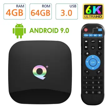 

Newest Q PLUS Android 9.0 TV Box 4GB RAM 64GB ROM H6 Quad-core Mali-T720MP2 WiFi 2.4GHz Support 6K H.265 HDMI 2.0 Ethernet RJ-45