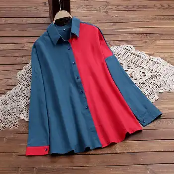 

2020 ZANZEA Women's Stiching Blouse Vintage Spring Shirts Casual Long Sleeve Tunic Female Button Blusas Plus Size Tops 5XL