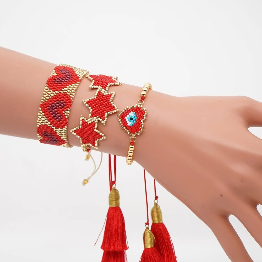 Boho MIYUKI браслет с сердцем 3 звезды Pulseras Mujer браслеты красные хрустальные ювелирные изделия для женщин кисточкой ручной работы Тканые повязки