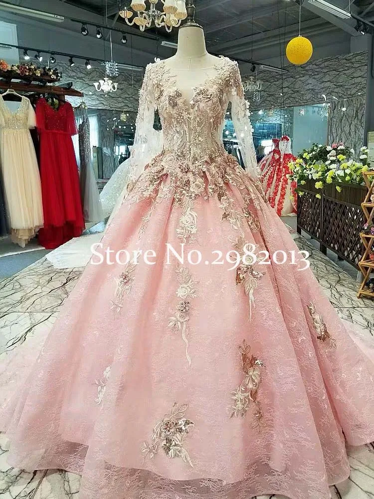 

Real Picture Long Sleeves Pink Lace Arabic Women Evening Dresses 2020 Abendkleider Prom Gown vestidos largos de fiesta