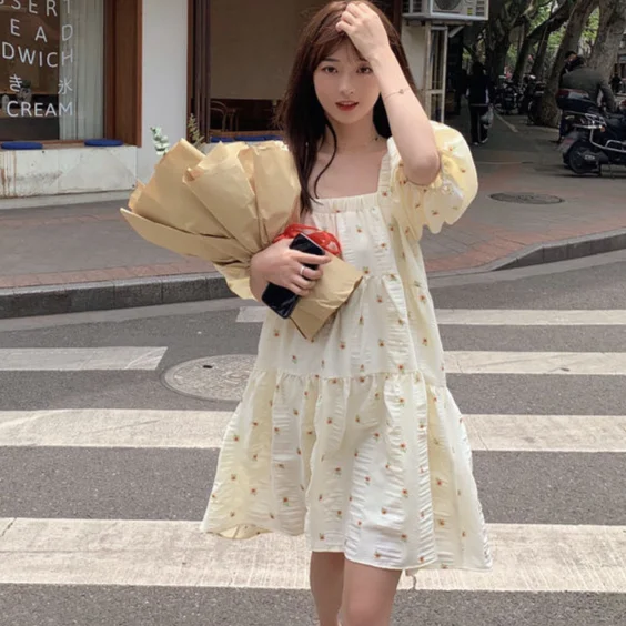 Dress Women Print Puff Sleeve Sweet Student Short Sleeve Korean Version Lovely Stylish Summer Above Knee Empire Loose Vestidos green dress