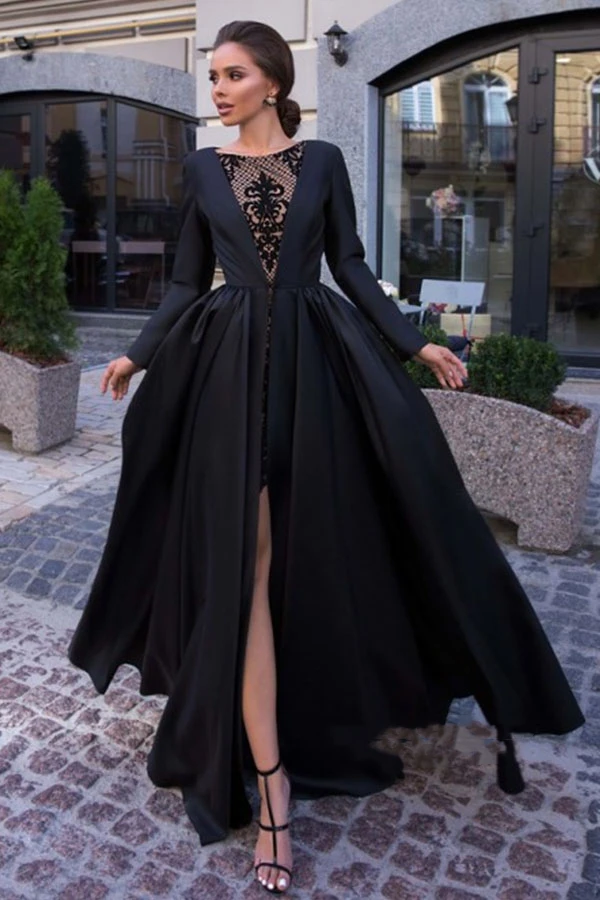 

Black Prom Dresses 2020 Jewel Front-Split Elegant Appliques A-Line Long-Sleeves Formal Evening Gowns
