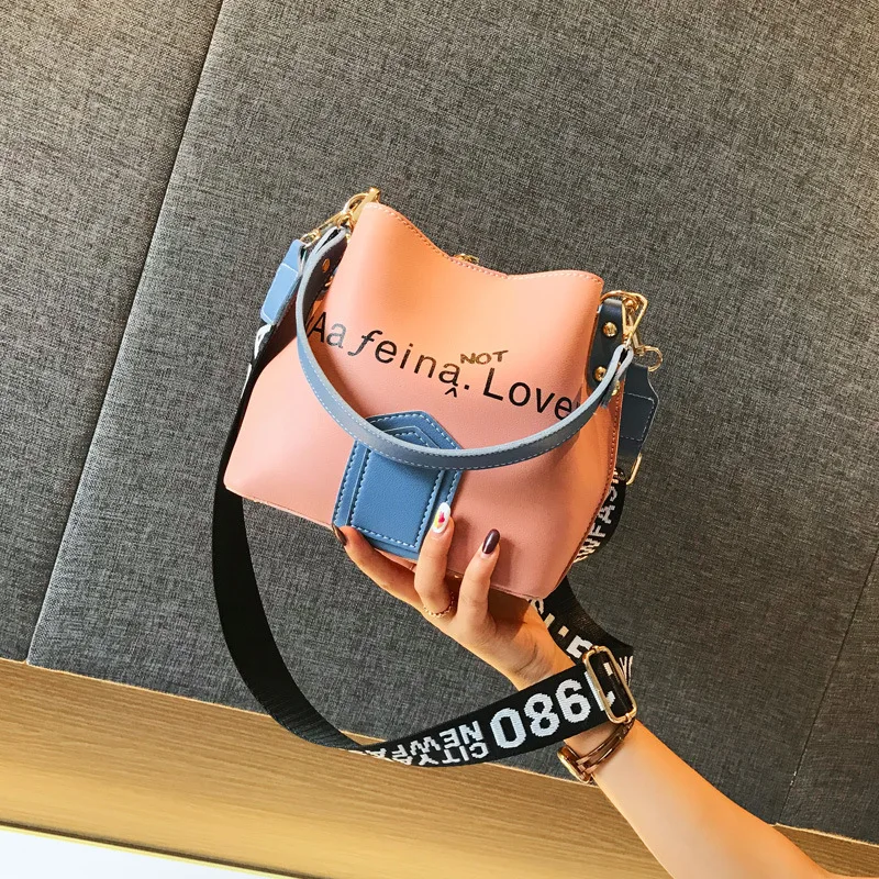 

Bag Women's 2019 Summer New Style Hong Kong Style Wide-Strap Bucket Bag Korean-style Contrast Color Lettered Shoulder Oblique Co