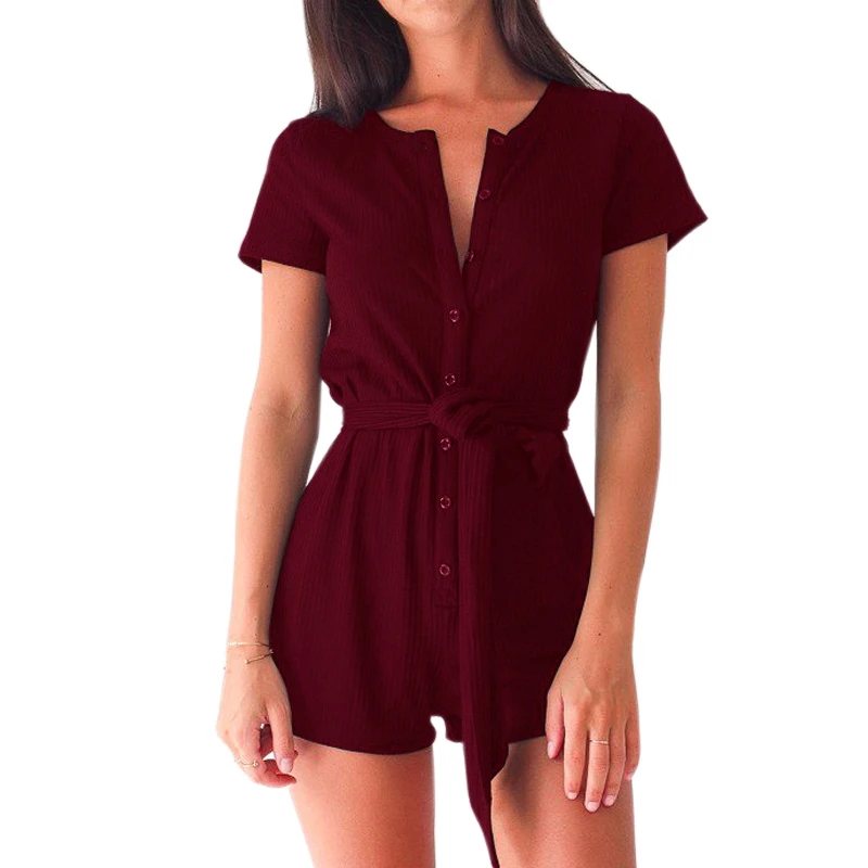 

Sexy Playsuits 2019 Casual Bodycon Women Rompers Short Sleeve Solid Beach Buttons Playsuits Overalls with Belts Plus Size GV540