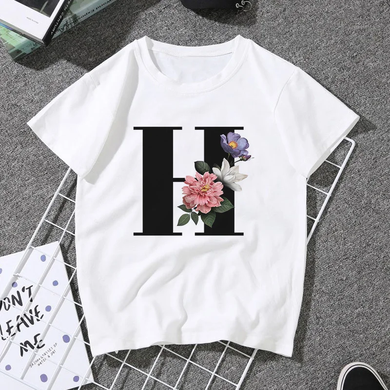 A B C D E English Alphabet Print T Shirt Women 2020 New Summer Couples Lovers Female T-Shirt Harajuku Casual White Tops Tshirt