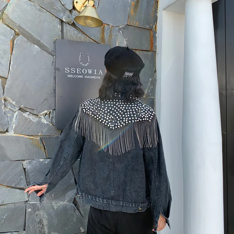 Most effective  Chaquetas Mujer 2020 Autumn Streetwear Denim Jacket Women Hand-studded Rivet Tassel Chain Short Jea