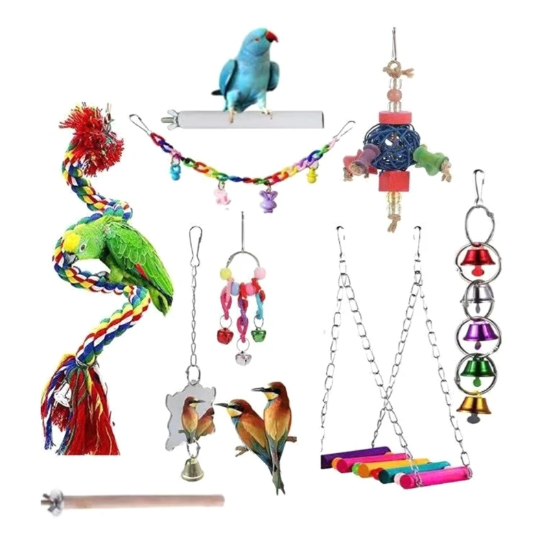 H051 9 Piece Bird Training Toys Parrot Chew Toy Safe Swing Hammock